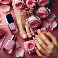 a woman's feet with pink nail polish and roses on a pink background