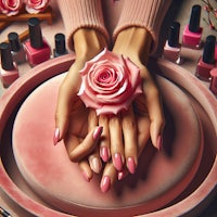 a woman's hands are holding a pink rose
